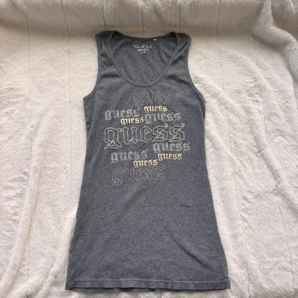 GUESS Grey Ribbed Tank Top Large Y2K Gothic Font Rhinestone - Picture 1 of 7